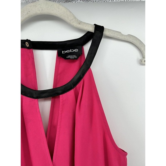 Bebe Top Womens Sz XS Pink/Black Halter Sleeveless Surplice Keyhole - Picture 2 of 4